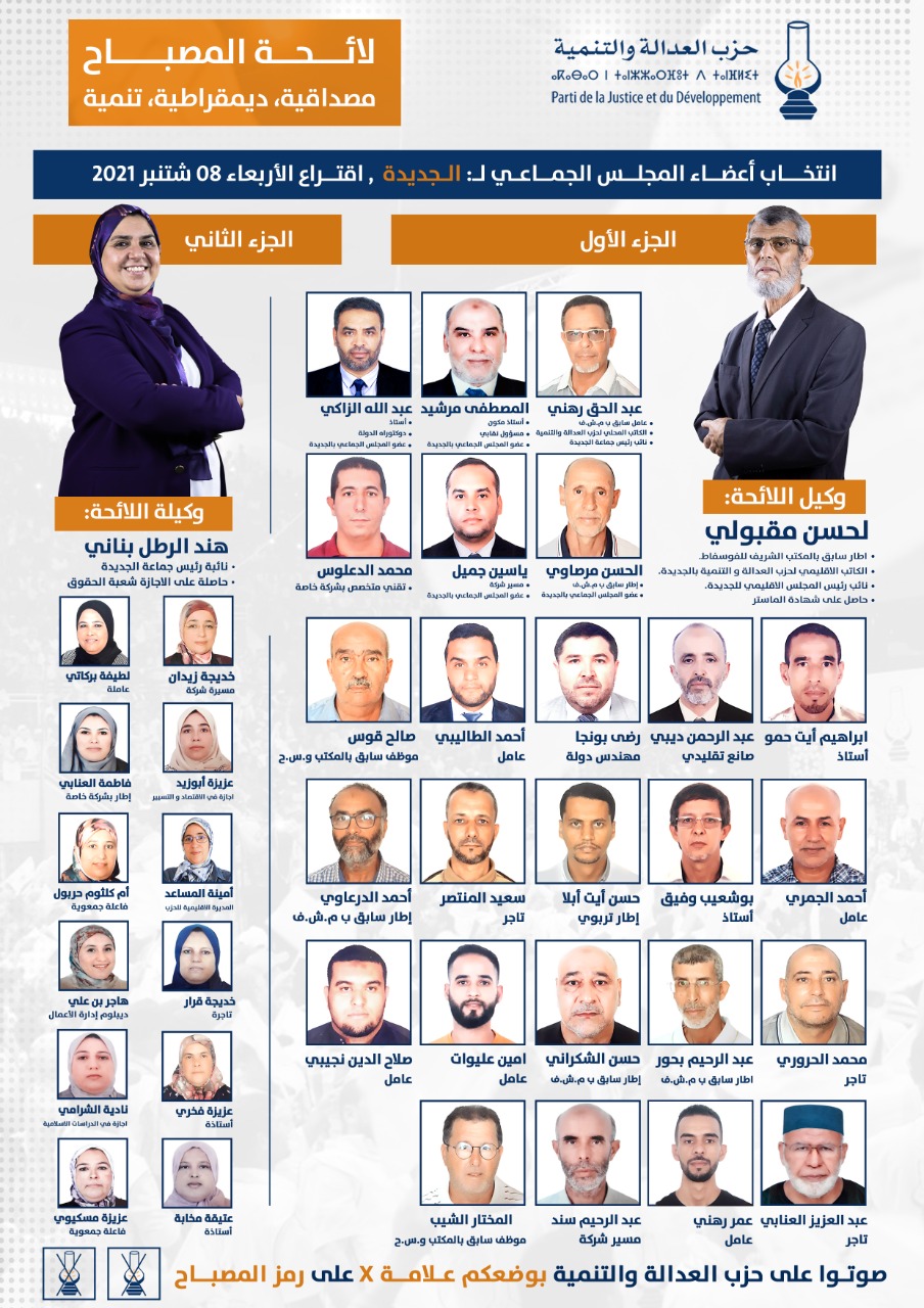 العدالة والتنمية يزكي لحسن مقبولي وهند الرطل بناني للانتخابات الجماعية بالجديدة ويكشف عن أسماء لائحته الانتخابية 